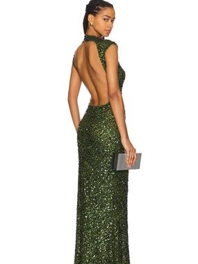 Open-Back Sequin Evening Gown in Emerald Green